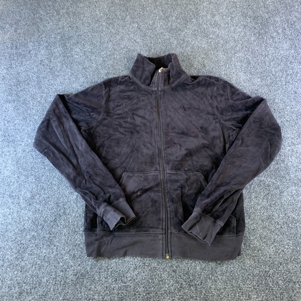 Juicy Couture Track Jacket Women L Black Good Y2K Velour Stand Collar Zip